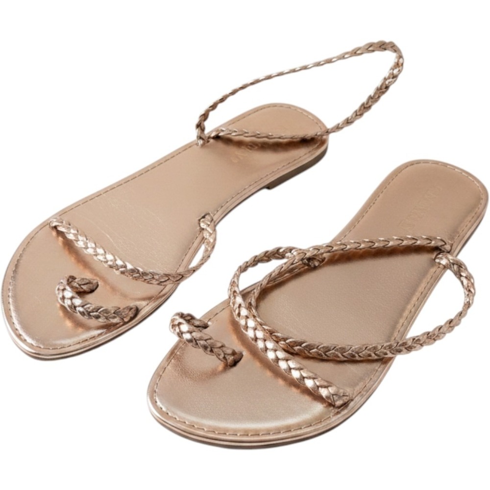 Lulus Rose Gold Braided Strappy Flat Sandals Toe Loop Size 7.5 Odyssey